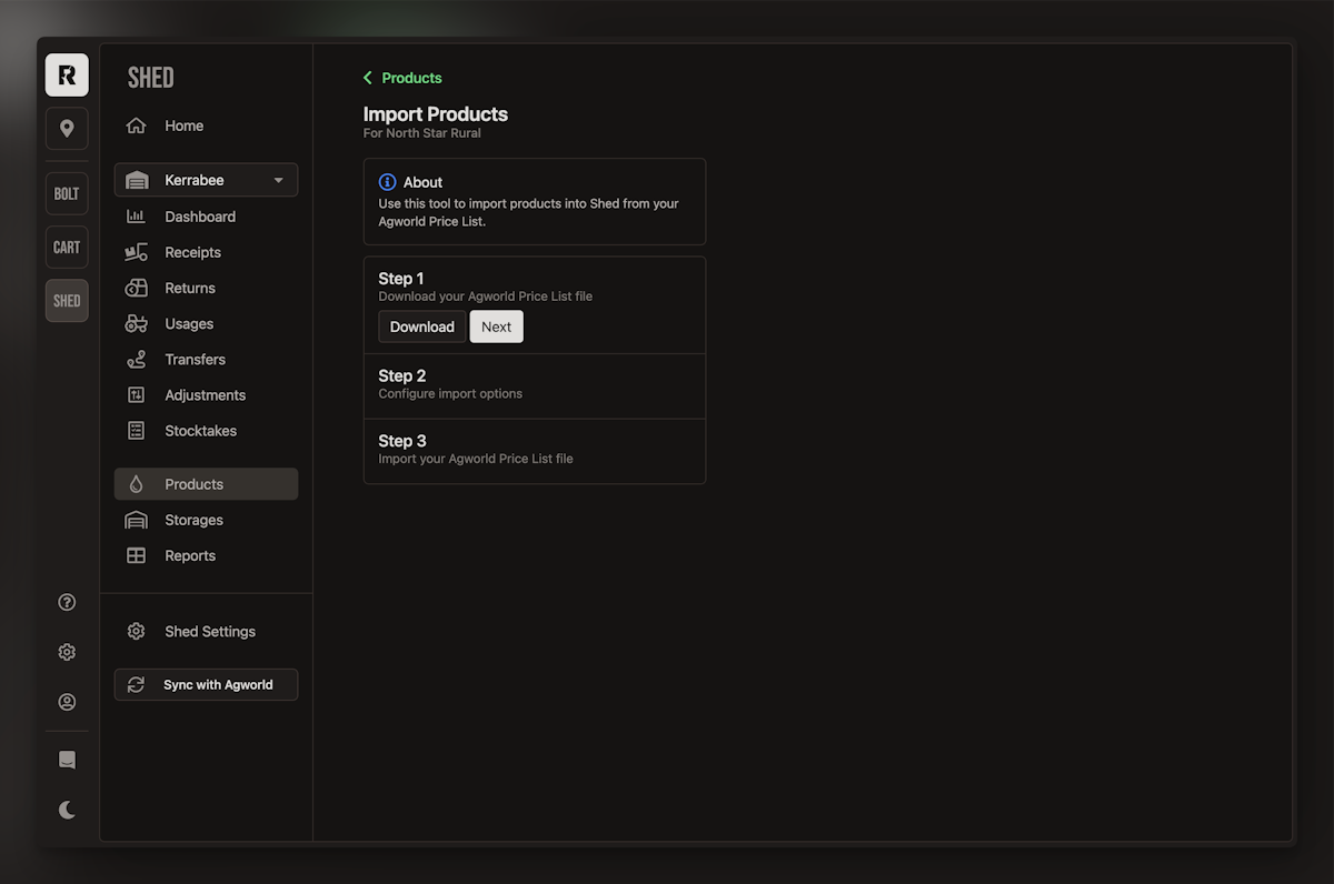 Shed import products from agworld UI