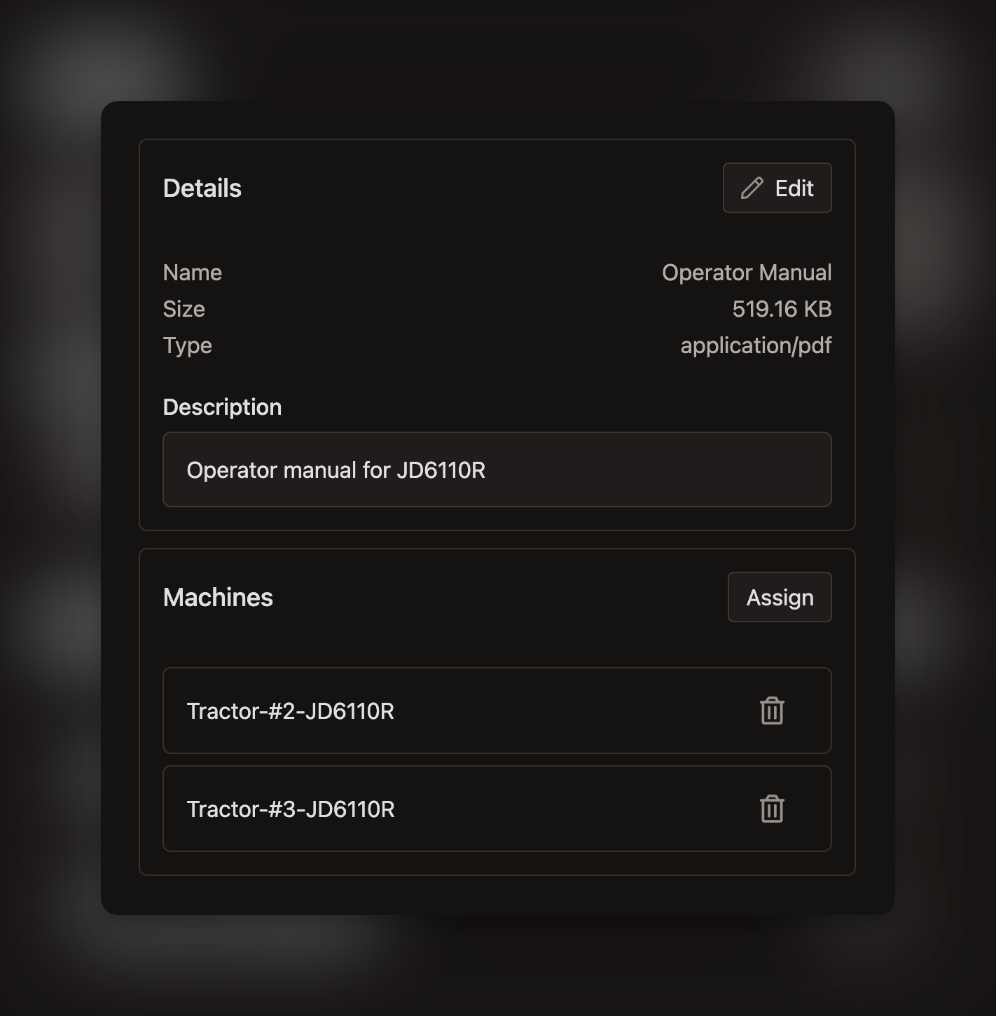 View manual details and assign to machines
