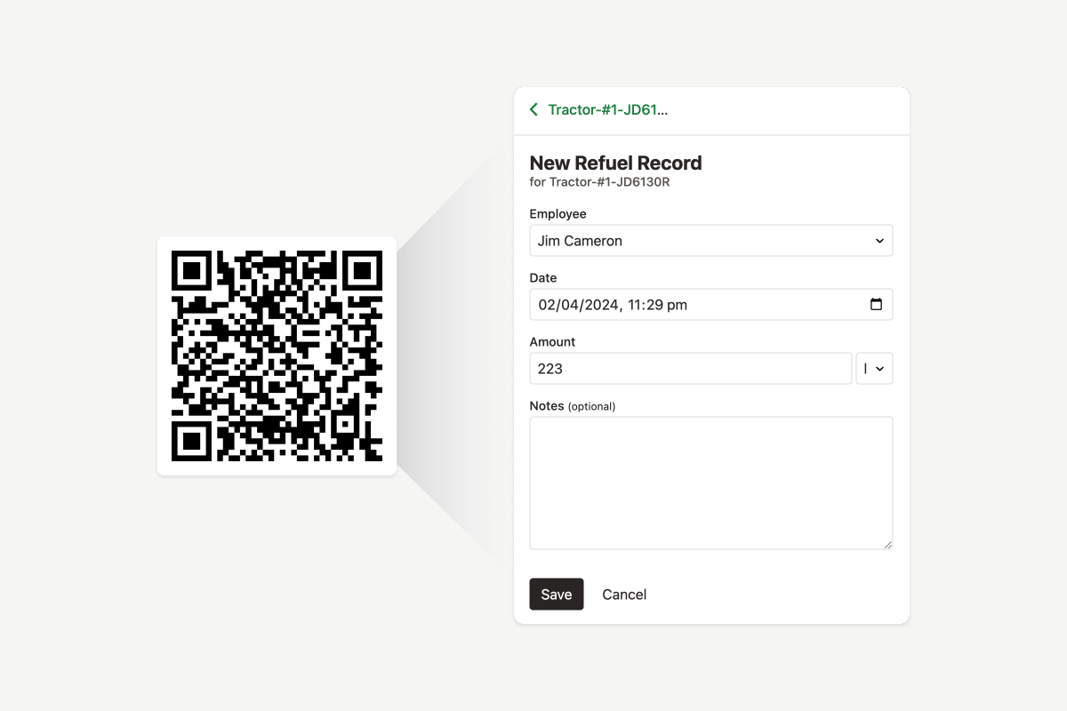 Bolt machine refuel records user interface and qr code